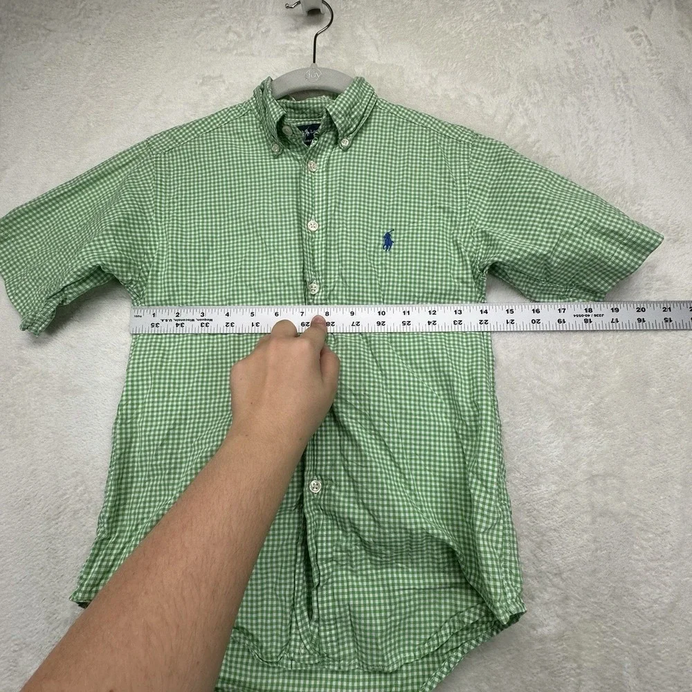 Ralph Lauren Button Shirt Boys S 8 Green Gingham Pony Short Sleeve Preppy
